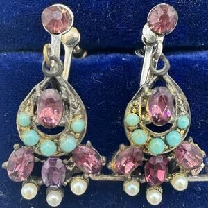 Vintage silver tone purple rhinestones faux turquoise pearls screw back earrings